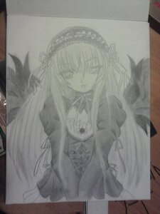 Rating: Safe Score: 0 Tags: 1girl black_wings dress feathered_wings flower frills hairband image long_hair long_sleeves looking_at_viewer monochrome photo ribbon simple_background solo suigintou traditional_media very_long_hair white_background wings User: admin