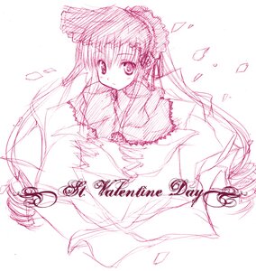 Rating: Safe Score: 0 Tags: 1girl graphite_(medium) image long_hair long_sleeves looking_at_viewer luna_lia monochrome petals pink_theme rozen_maiden shinku sketch solo traditional_media valentine white_background User: admin