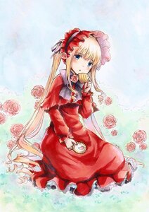 Rating: Safe Score: 0 Tags: 1girl blonde_hair blue_eyes blush bonnet bow cup dress flower holding image long_hair long_sleeves looking_at_viewer pink_flower pink_rose red_capelet red_dress red_flower red_rose rose shinku sitting solo teacup traditional_media twintails very_long_hair User: admin