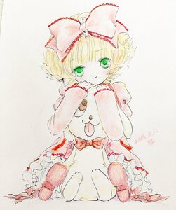 Rating: Safe Score: 0 Tags: 1girl blonde_hair bow dress frills green_eyes hair_bow hina_ichigo hinaichigo image pink_bow short_hair sitting smile solo stuffed_animal stuffed_bunny teddy_bear traditional_media watercolor_(medium) User: admin