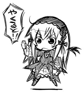 Rating: Safe Score: 0 Tags: 1girl :o chibi dress frills full_body greyscale hairband image long_hair monochrome open_mouth ribbon simple_background solo striped suigintou v-shaped_eyebrows vertical_stripes weapon white_background wings User: admin