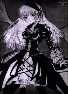 Rating: Safe Score: 0 Tags: 1girl black_dress dress frilled_sleeves frills hairband image juliet_sleeves long_hair long_sleeves looking_at_viewer monochrome puffy_sleeves red_eyes signature solo suigintou traditional_media very_long_hair wings User: admin