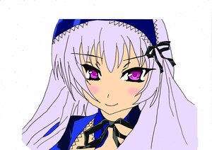 Rating: Safe Score: 0 Tags: 1girl black_ribbon blush choker close-up detached_collar face hairband image long_hair looking_at_viewer purple_eyes ribbon simple_background smile solo suigintou white_background User: admin