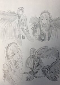 Rating: Safe Score: 0 Tags: 1girl dress flower frills greyscale hairband image long_hair long_sleeves looking_at_viewer monochrome ribbon sitting smile solo standing suigintou traditional_media very_long_hair wings User: admin