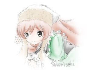 Rating: Safe Score: 0 Tags: 1girl apron blonde_hair blue_eyes dress hat image long_hair long_sleeves looking_at_viewer simple_background smile solo suiseiseki upper_body white_background User: admin