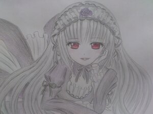 Rating: Safe Score: 0 Tags: 1girl choker dress eyebrows_visible_through_hair flower frills image long_hair long_sleeves looking_at_viewer monochrome red_eyes ribbon smile solo suigintou traditional_media User: admin