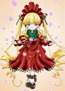 Rating: Safe Score: 0 Tags: 1girl blonde_hair blue_eyes bonnet bow bowtie cherry_blossoms dress flower full_body green_bow image long_hair long_sleeves looking_at_viewer petals red_dress rose_petals shinku solo standing twintails User: admin