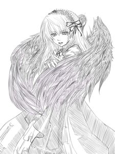 Rating: Safe Score: 0 Tags: 1girl dress feathered_wings frills greyscale hairband image long_hair long_sleeves looking_at_viewer monochrome simple_background solo suigintou white_background wings User: admin