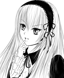 Rating: Safe Score: 0 Tags: 1girl finger_to_mouth frills greyscale hairband image index_finger_raised long_hair long_sleeves looking_at_viewer monochrome neck_ribbon ribbon simple_background smile solo suigintou upper_body white_background User: admin