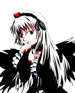 Rating: Safe Score: 0 Tags: 1girl black_wings dress flower frills hairband image long_hair long_sleeves looking_at_viewer monochrome rose simple_background solo suigintou white_background wings User: admin