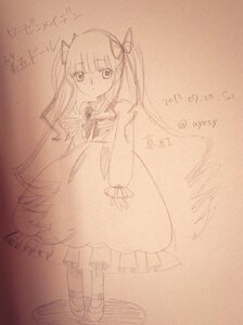 Rating: Safe Score: 0 Tags: 1girl bow dress full_body image long_hair long_sleeves looking_at_viewer monochrome photo shinku shoes sketch solo standing traditional_media twintails User: admin