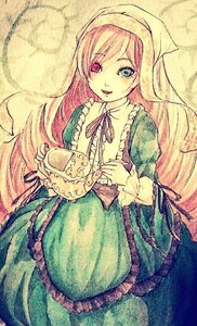 Rating: Safe Score: 0 Tags: 1girl blonde_hair dress frills green_dress green_eyes heterochromia holding image long_hair long_sleeves looking_at_viewer red_eyes ribbon smile solo suiseiseki traditional_media very_long_hair User: admin