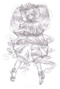 Rating: Safe Score: 0 Tags: 1girl dress frills full_body hat image long_hair long_sleeves monochrome ribbon shinku shoes sketch solo standing striped vertical_stripes very_long_hair User: admin