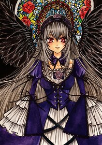 Rating: Safe Score: 0 Tags: 1girl black_wings dress flower frills image long_hair looking_at_viewer red_eyes rose smile solo suigintou very_long_hair wings User: admin