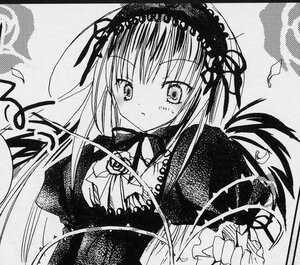 Rating: Safe Score: 0 Tags: 1girl blush dress flower greyscale hair_ribbon hairband image long_hair long_sleeves looking_at_viewer monochrome parted_lips ribbon shinku solo suigintou upper_body wings User: admin