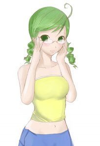 Rating: Safe Score: 0 Tags: 1girl adjusting_eyewear ahoge bare_shoulders blush breasts camisole chemical-x collarbone drill_hair glasses green_eyes green_hair image kanaria looking_at_viewer midriff navel rozen_maiden smile solo striped twin_drills User: admin