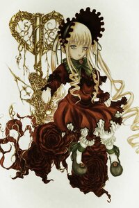 Rating: Safe Score: 0 Tags: 1girl blonde_hair blue_eyes bonnet dress flower image long_hair long_sleeves looking_at_viewer red_dress rose shinku shoes sitting solo very_long_hair User: admin