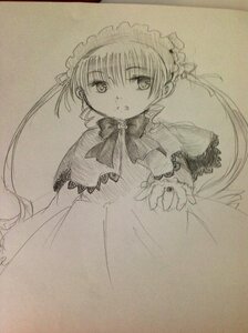 Rating: Safe Score: 0 Tags: 1girl bow bowtie dress hat image long_hair long_sleeves looking_at_viewer monochrome shinku simple_background solo standing traditional_media twintails User: admin