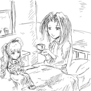 Rating: Safe Score: 0 Tags: 2girls cup greyscale image kakizaki_megu long_hair monochrome multiple_girls shinku sitting sketch smile solo teacup User: admin