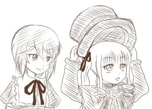 Rating: Safe Score: 0 Tags: 2girls blush dress flower frills greyscale hair_ornament hat image long_sleeves monochrome multiple_girls pair ribbon rose shinku short_hair simple_background smile souseiseki suigintou suiseiseki User: admin