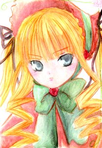 Rating: Safe Score: 0 Tags: 1girl :o blonde_hair blue_eyes bonnet bow bowtie dress drill_hair flower green_bow hat image long_hair long_sleeves looking_at_viewer marker_(medium) rose shinku simple_background solo traditional_media twin_drills white_background User: admin