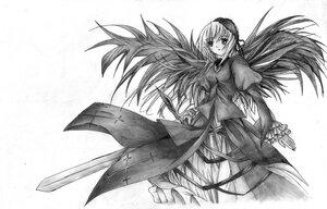 Rating: Safe Score: 0 Tags: 1girl dress frills greyscale image juliet_sleeves long_hair long_sleeves looking_at_viewer monochrome puffy_sleeves solo suigintou traditional_media white_background wings User: admin