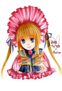 Rating: Safe Score: 0 Tags: 1girl blonde_hair blue_eyes bonnet bow closed_mouth flower image long_hair looking_at_viewer portrait shinku simple_background smile solo striped traditional_media twintails white_background User: admin