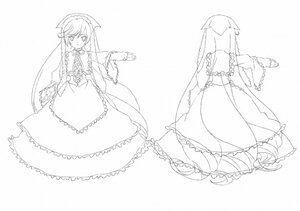 Rating: Safe Score: 0 Tags: 1girl dress frilled_dress frills full_body greyscale image long_hair long_sleeves looking_at_viewer monochrome multiple_views solo standing striped suiseiseki very_long_hair wide_sleeves User: admin