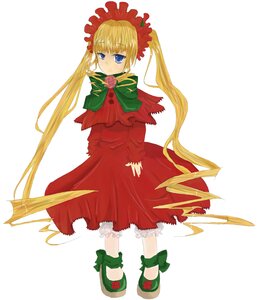 Rating: Safe Score: 0 Tags: 1girl blonde_hair blue_eyes bonnet bow bowtie capelet dress flower full_body green_bow green_neckwear image long_hair long_sleeves looking_at_viewer red_dress rose shinku shoes simple_background solo standing twintails very_long_hair white_background User: admin