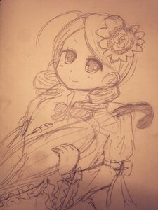 Rating: Safe Score: 0 Tags: 1girl ahoge bow brown_background drill_hair flower graphite_(medium) hair_flower hair_ornament image kanaria long_hair long_sleeves monochrome photo smile solo tomoe_mami traditional_media twin_drills twintails User: admin