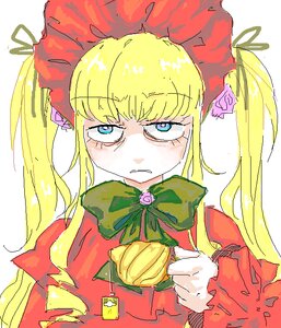 Rating: Safe Score: 0 Tags: 1girl blonde_hair blue_eyes bonnet bow bowtie dress flower green_bow image long_hair long_sleeves looking_at_viewer rose shinku simple_background solo upper_body white_background User: admin