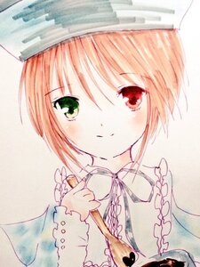 Rating: Safe Score: 0 Tags: 1girl eyebrows_visible_through_hair green_eyes hat holding image looking_at_viewer red_eyes short_hair simple_background smile solo souseiseki traditional_media upper_body User: admin