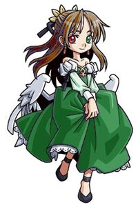 Rating: Safe Score: 0 Tags: 1girl brown_hair dress full_body green_dress green_eyes heterochromia image jewelry long_hair long_sleeves red_eyes smile solo standing suiseiseki white_background wings User: admin