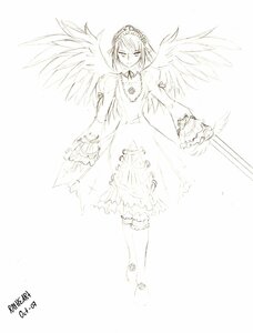 Rating: Safe Score: 0 Tags: 1girl angel_wings bangs closed_mouth dated dress eyebrows_visible_through_hair feathered_wings feathers frills full_body greyscale image long_sleeves looking_at_viewer monochrome short_hair sleeves_past_wrists solo standing striped suigintou wings User: admin