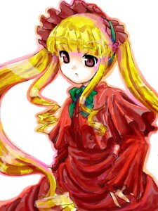 Rating: Safe Score: 0 Tags: 1girl :o blonde_hair bonnet bow bowtie dress drill_hair image long_hair long_sleeves looking_at_viewer red_dress shinku simple_background solo twintails white_background User: admin