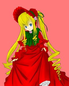 Rating: Safe Score: 0 Tags: 1girl blonde_hair blue_eyes bonnet bow bowtie dress flower green_bow green_neckwear image long_hair long_sleeves looking_at_viewer pink_background red_dress rose shinku sidelocks simple_background solo standing twintails very_long_hair User: admin