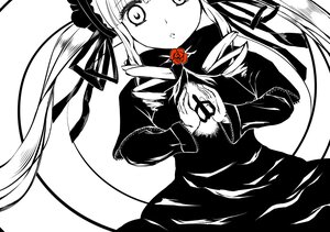 Rating: Safe Score: 0 Tags: 1girl dress flower gothic_lolita greyscale image lolita_fashion long_hair long_sleeves looking_at_viewer monochrome ribbon rose shinku simple_background solo twintails white_background User: admin