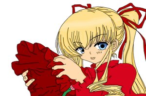 Rating: Safe Score: 0 Tags: 1girl blonde_hair blue_eyes dress hair_ribbon image long_hair long_sleeves looking_at_viewer ponytail red_dress ribbon shinku simple_background solo striped upper_body white_background User: admin