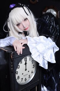 Rating: Safe Score: 0 Tags: 1girl flower guitar hairband instrument long_hair long_sleeves looking_at_viewer red_eyes ribbon rose smile solo suigintou white_hair User: admin