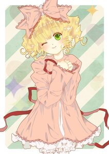 Rating: Safe Score: 0 Tags: 1girl blonde_hair blush bow dress frills green_eyes hair_bow hina_ichigo hinaichigo image long_sleeves one_eye_closed ribbon short_hair smile solo striped striped_background vertical_stripes User: admin