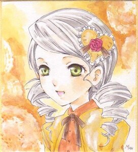 Rating: Safe Score: 0 Tags: 1girl auto_tagged drill_hair flower green_eyes hair_ornament image kanaria looking_at_viewer open_mouth ringlets signature smile solo tomoe_mami traditional_media twin_drills upper_body User: admin