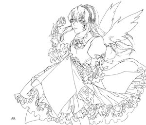 Rating: Safe Score: 0 Tags: 1girl dress feathered_wings frilled_dress frills greyscale hairband image long_hair long_sleeves monochrome ribbon solo suigintou white_background wings User: admin