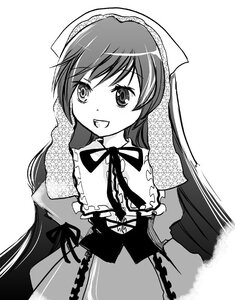 Rating: Safe Score: 0 Tags: 1girl frills greyscale image long_hair looking_at_viewer monochrome neck_ribbon open_mouth ribbon simple_background smile solo suiseiseki very_long_hair white_background User: admin