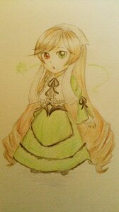 Rating: Safe Score: 0 Tags: 1girl :o brown_hair dress full_body green_dress green_eyes heterochromia image long_hair looking_at_viewer red_eyes ribbon simple_background solo suiseiseki traditional_media very_long_hair User: admin
