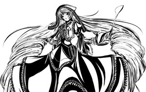 Rating: Safe Score: 0 Tags: 1girl dress greyscale image long_hair looking_at_viewer monochrome simple_background solo suiseiseki very_long_hair white_background User: admin