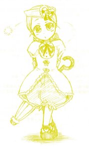 Rating: Safe Score: 0 Tags: 1girl bloomers dress full_body hat image kanaria monochrome shoes short_hair sketch solo standing striped yellow_theme User: admin