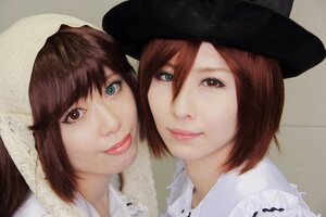 Rating: Safe Score: 0 Tags: 2girls brown_hair closed_mouth green_eyes hat lips looking_at_viewer makeup multiple_cosplay multiple_girls realistic short_hair sisters smile tagme twins User: admin