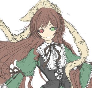 Rating: Safe Score: 0 Tags: 1girl brown_hair dress frills green_dress green_eyes heterochromia image long_hair long_sleeves looking_at_viewer red_eyes ribbon simple_background smile solo suiseiseki very_long_hair white_background User: admin