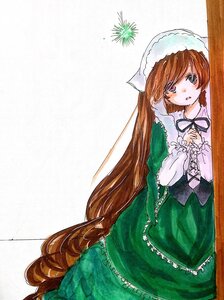 Rating: Safe Score: 0 Tags: 1girl brown_hair dress frills green_dress green_eyes hat head_scarf heterochromia image long_hair long_sleeves looking_at_viewer simple_background solo suiseiseki very_long_hair white_background User: admin