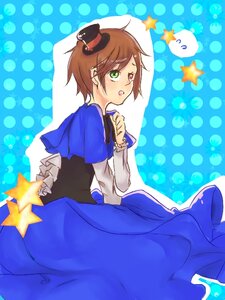 Rating: Safe Score: 0 Tags: 1boy blue_dress brown_hair capelet dress frills green_eyes hat image long_sleeves looking_back mini_hat mini_top_hat polka_dot red_eyes solo souseiseki star_(symbol) starfish top_hat User: admin